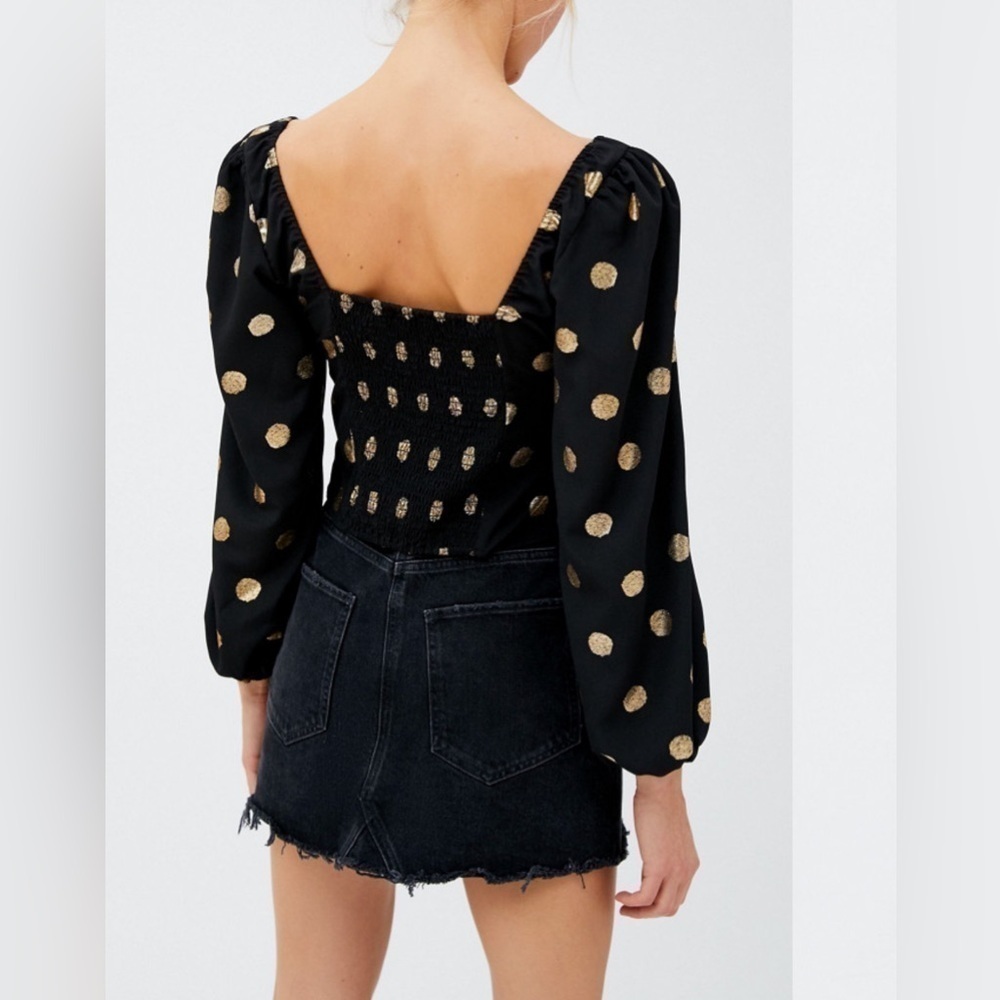 Urban Outfitters Rosalind Puff Sleeve Top Black and Gold Womens Size Small - Picture 3 of 13